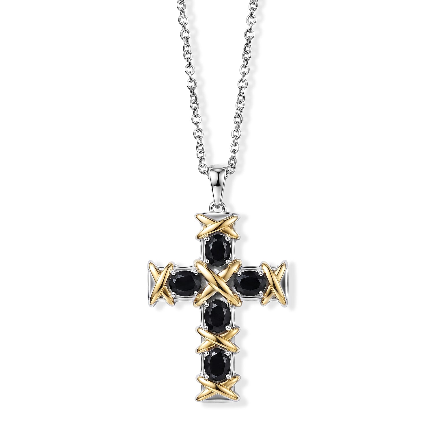 EverTrue Thai Black Spinel 2.50 ctw XOXO Cross Pendant in 18K YG Plated and Platinum Bond with Stainless Steel Necklace (20 Inches)