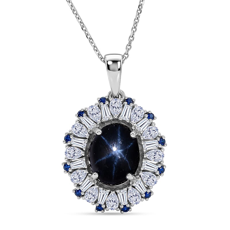 D'Joy Premium Blue Star Sapphire (DF) and Multi Gemstone 5.80 ctw Midnight Radiance Pendant Necklace in Rhodium Over Sterling Silver 18 Inches