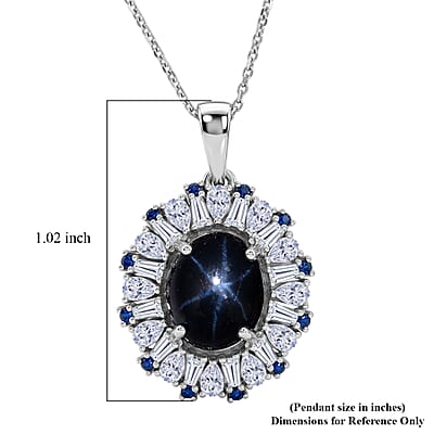 D'Joy Premium Blue Star Sapphire (DF) and Multi Gemstone 5.80 ctw Midnight Radiance Pendant Necklace in Rhodium Over Sterling Silver 18 Inches