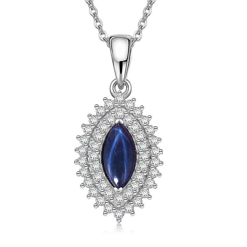 D'Joy Premium Blue Star Sapphire (DF) and Moissanite 1.00 ctw Midnight Sparkle Pendant Necklace in Rhodium Over Sterling Silver 20 Inches
