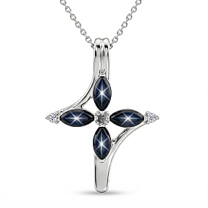 D'Joy Premium Blue Star Sapphire (DF) and Moissanite 1.65 ctw Fleur Cross Pendant Necklace in Rhodium Over Sterling Silver 18 Inches