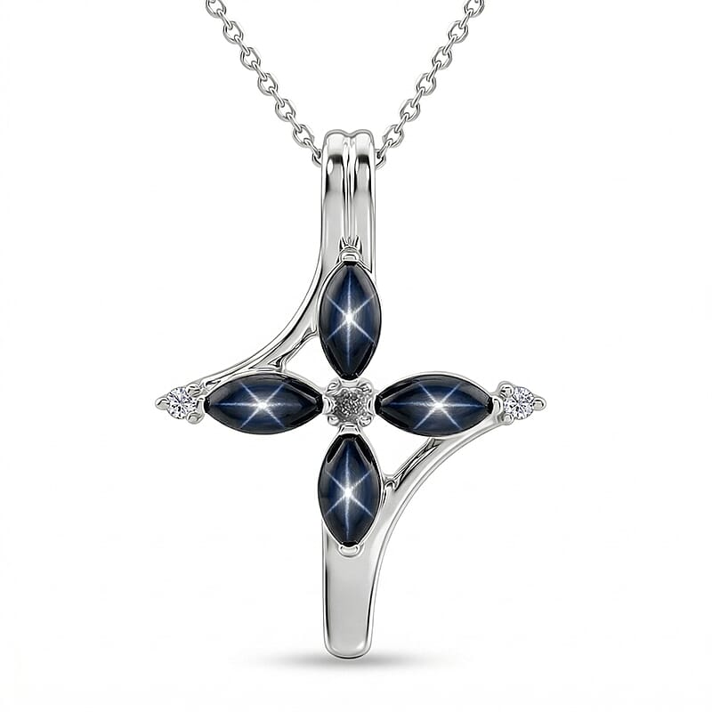 D'Joy Premium Blue Star Sapphire (DF) and Moissanite 1.65 ctw Fleur Cross Pendant Necklace in Rhodium Over Sterling Silver 18 Inches