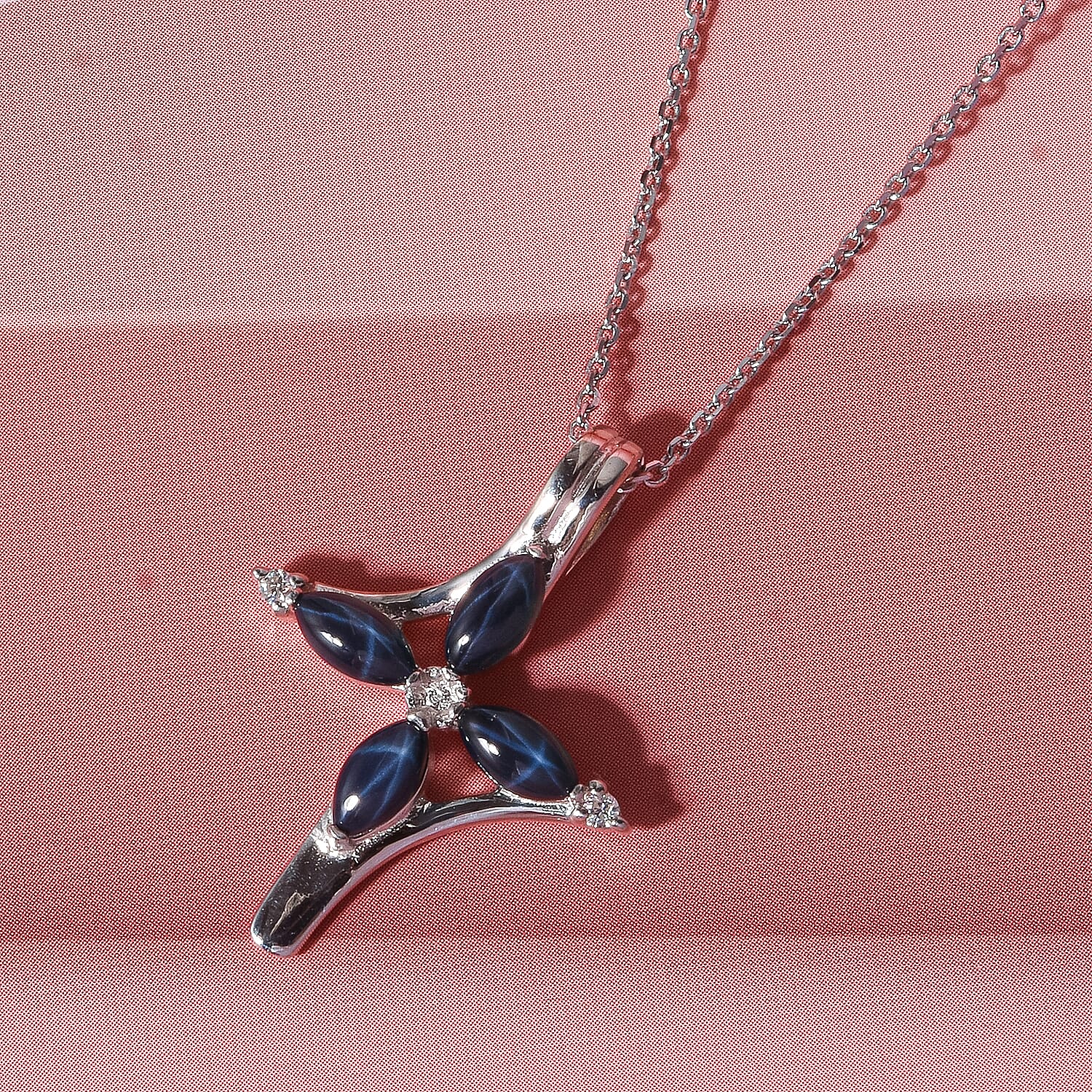 D'Joy Premium Blue Star Sapphire (DF) and Moissanite 1.65 ctw Fleur Cross Pendant Necklace in Rhodium Over Sterling Silver 18 Inches