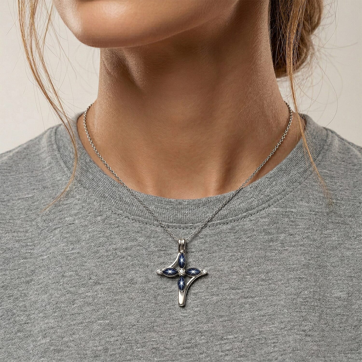 D'Joy Premium Blue Star Sapphire (DF) and Moissanite 1.65 ctw Fleur Cross Pendant Necklace in Rhodium Over Sterling Silver 18 Inches
