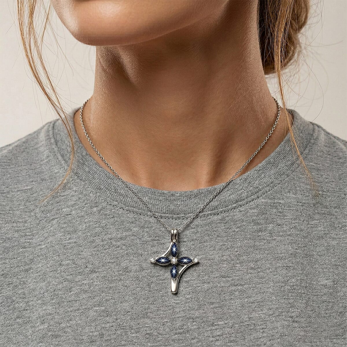D'Joy Premium Blue Star Sapphire (DF) and Moissanite 1.65 ctw Fleur Cross Pendant Necklace in Rhodium Over Sterling Silver 18 Inches image number 2