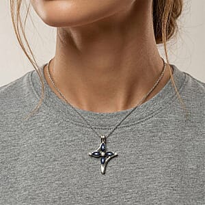 D'Joy Premium Blue Star Sapphire (DF) and Moissanite 1.65 ctw Fleur Cross Pendant Necklace in Rhodium Over Sterling Silver 18 Inches