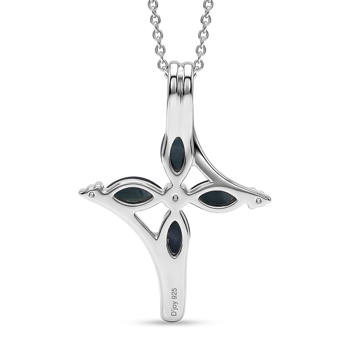 D'Joy Premium Blue Star Sapphire (DF) and Moissanite 1.65 ctw Fleur Cross Pendant Necklace in Rhodium Over Sterling Silver 18 Inches