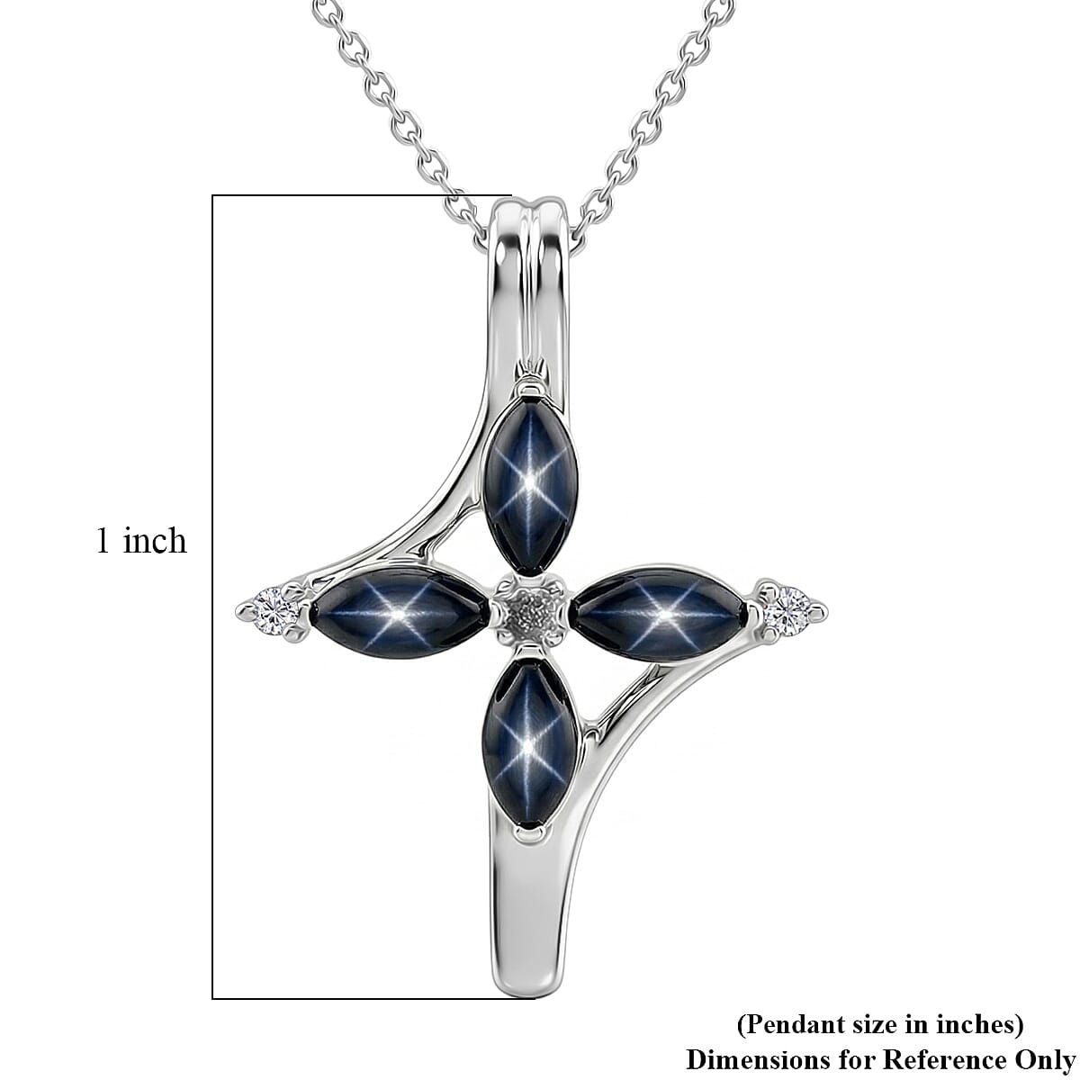 D'Joy Premium Blue Star Sapphire (DF) and Moissanite 1.65 ctw Fleur Cross Pendant Necklace in Rhodium Over Sterling Silver 18 Inches