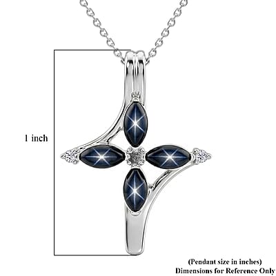 D'Joy Premium Blue Star Sapphire (DF) and Moissanite 1.65 ctw Fleur Cross Pendant Necklace in Rhodium Over Sterling Silver 18 Inches