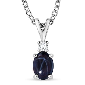 D'Joy Premium Blue Star Sapphire (DF) and Moissanite 1.50 ctw Solitaire Pendant Necklace in Rhodium Over Sterling Silver 20 Inches