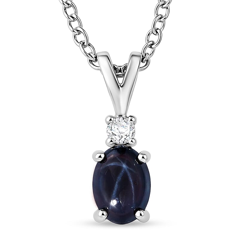 D'Joy Premium Blue Star Sapphire (DF) and Moissanite 1.50 ctw Solitaire Pendant Necklace in Rhodium Over Sterling Silver 20 Inches