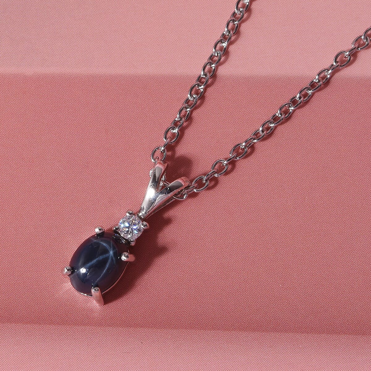 D'Joy Premium Blue Star Sapphire (DF) and Moissanite 1.50 ctw Solitaire Pendant Necklace in Rhodium Over Sterling Silver 20 Inches image number 1