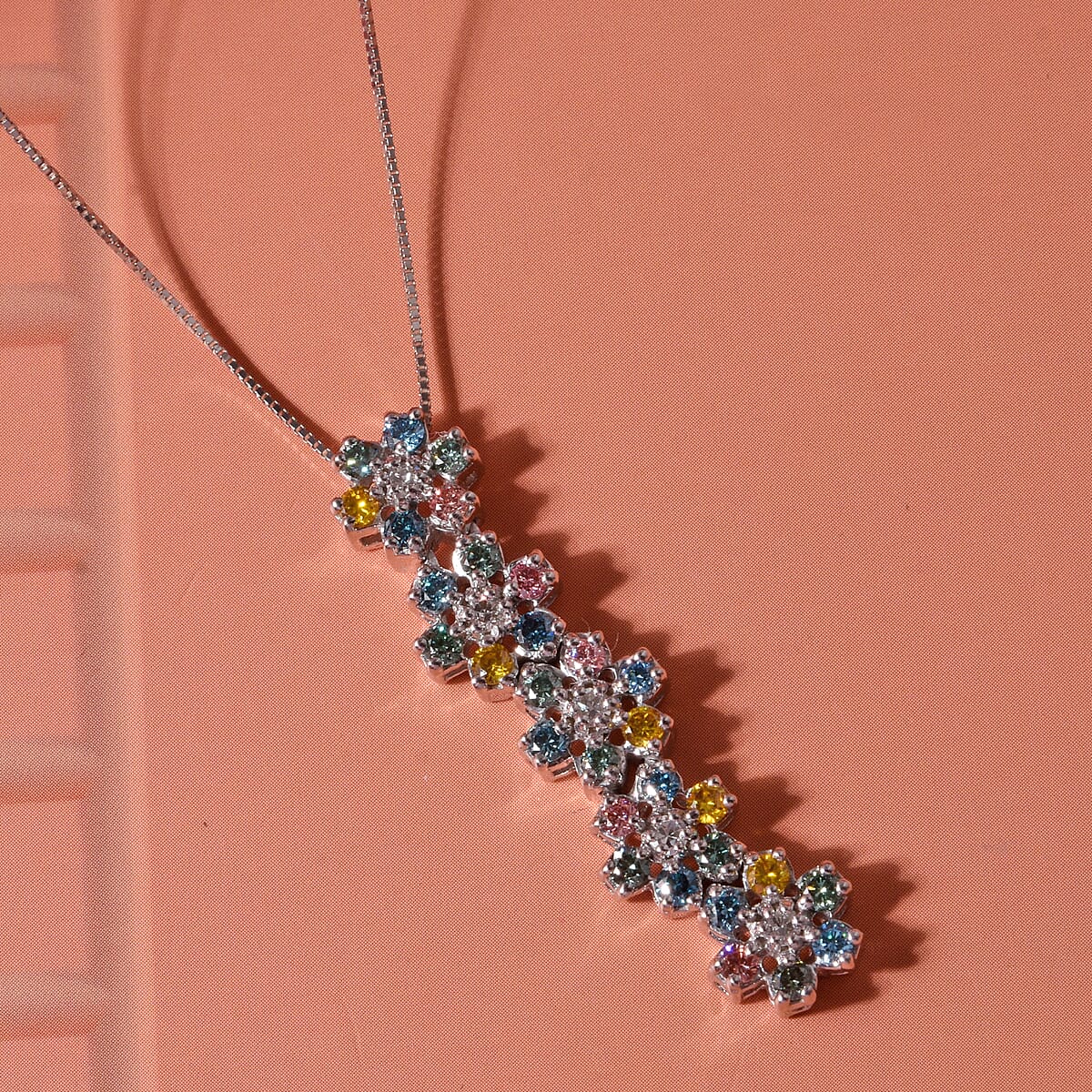 Luxuriant Lab Grown Multi Diamond (SI) 1.50 ctw Rainbow Blossom Pendant Necklace in Rhodium Over Sterling Silver (18 Inches) image number 1