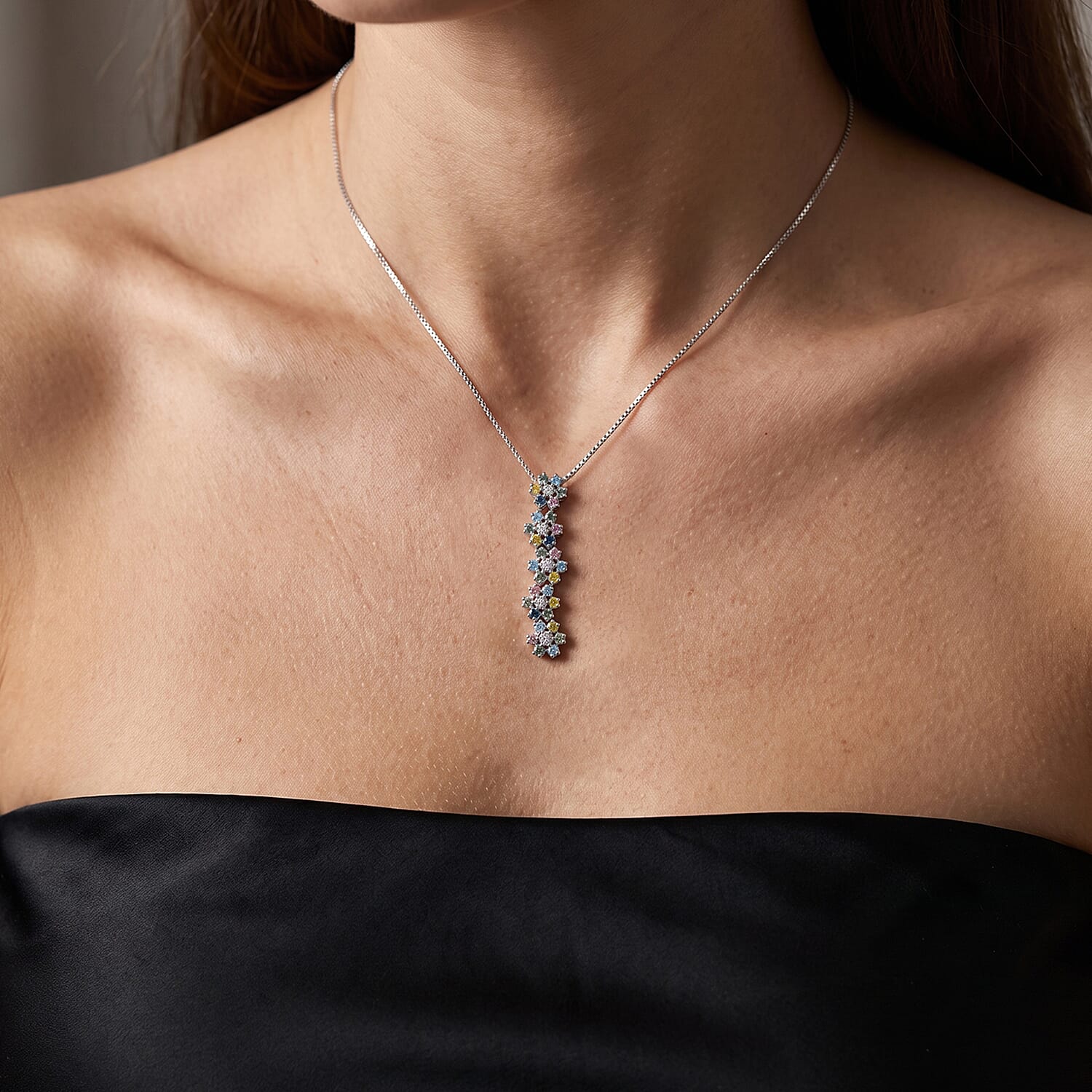 Luxuriant Lab Grown Multi Diamond (SI) 1.50 ctw Rainbow Blossom Pendant Necklace in Rhodium Over Sterling Silver (18 Inches)
