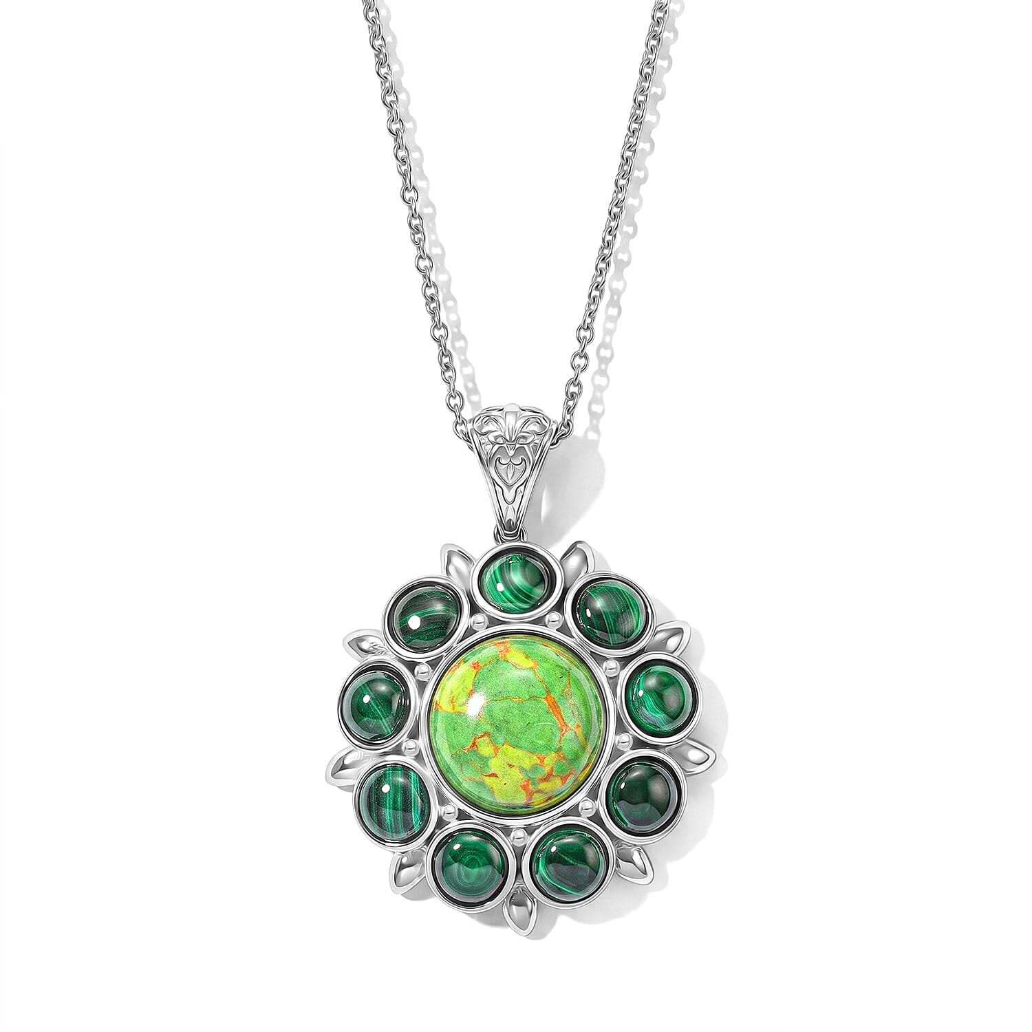 EverTrue Mojave Green Turquoise and African Malachite 18.65 ctw Pendant Necklace in Stainless Steel 20 Inches