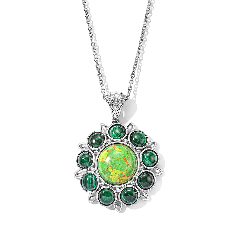 EverTrue Mojave Green Turquoise and African Malachite 18.65 ctw Pendant Necklace in Stainless Steel 20 Inches
