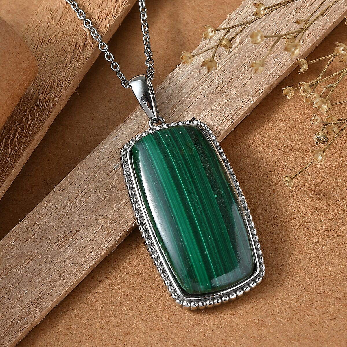 EverTrue African Malachite 36.25 ctw Pendant Necklace (20 Inches) in Stainless Steel image number 1