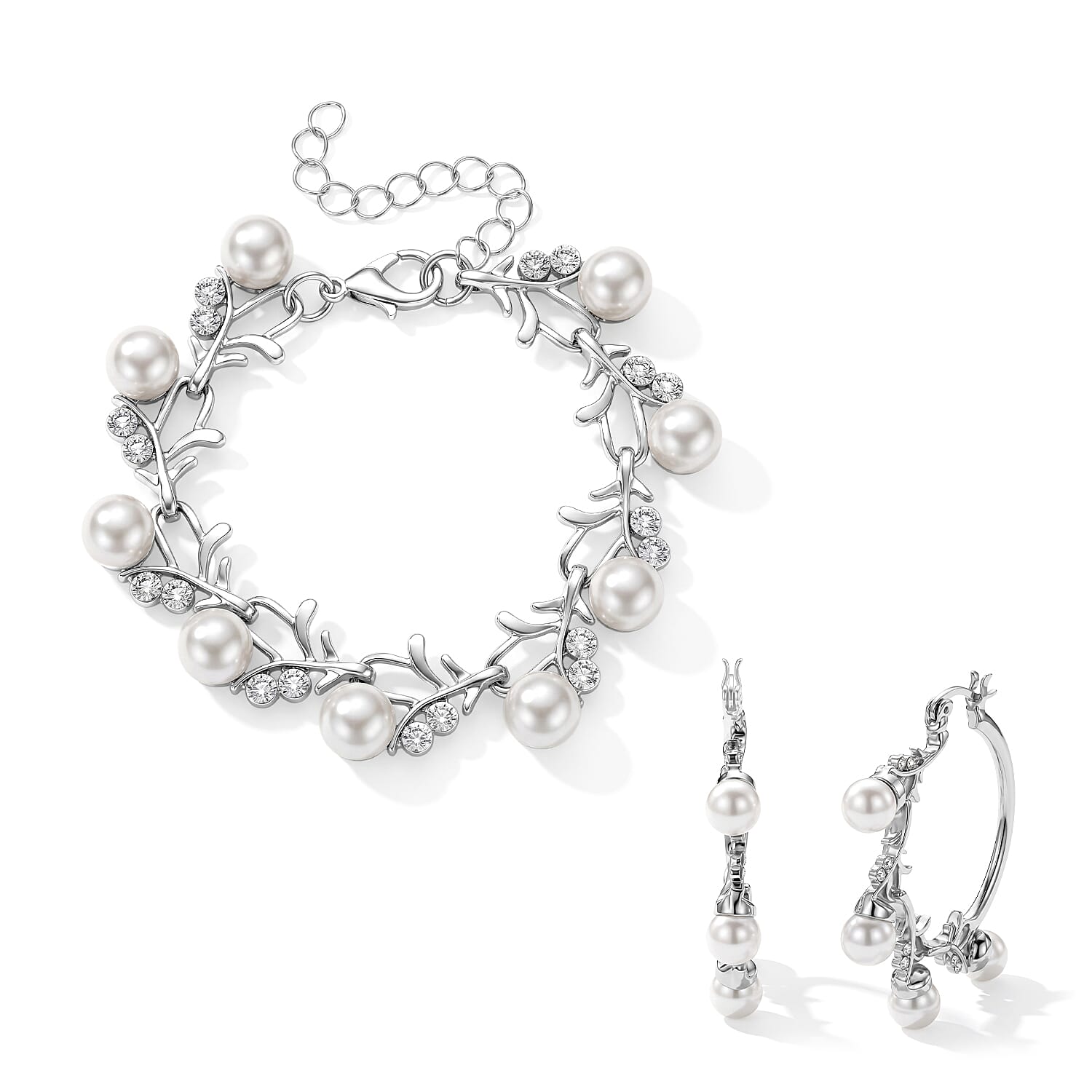 White Shell Pearl and Austrian Crystal Beaded Bracelet (6.5-8.0In) and Earrings in Silvertone