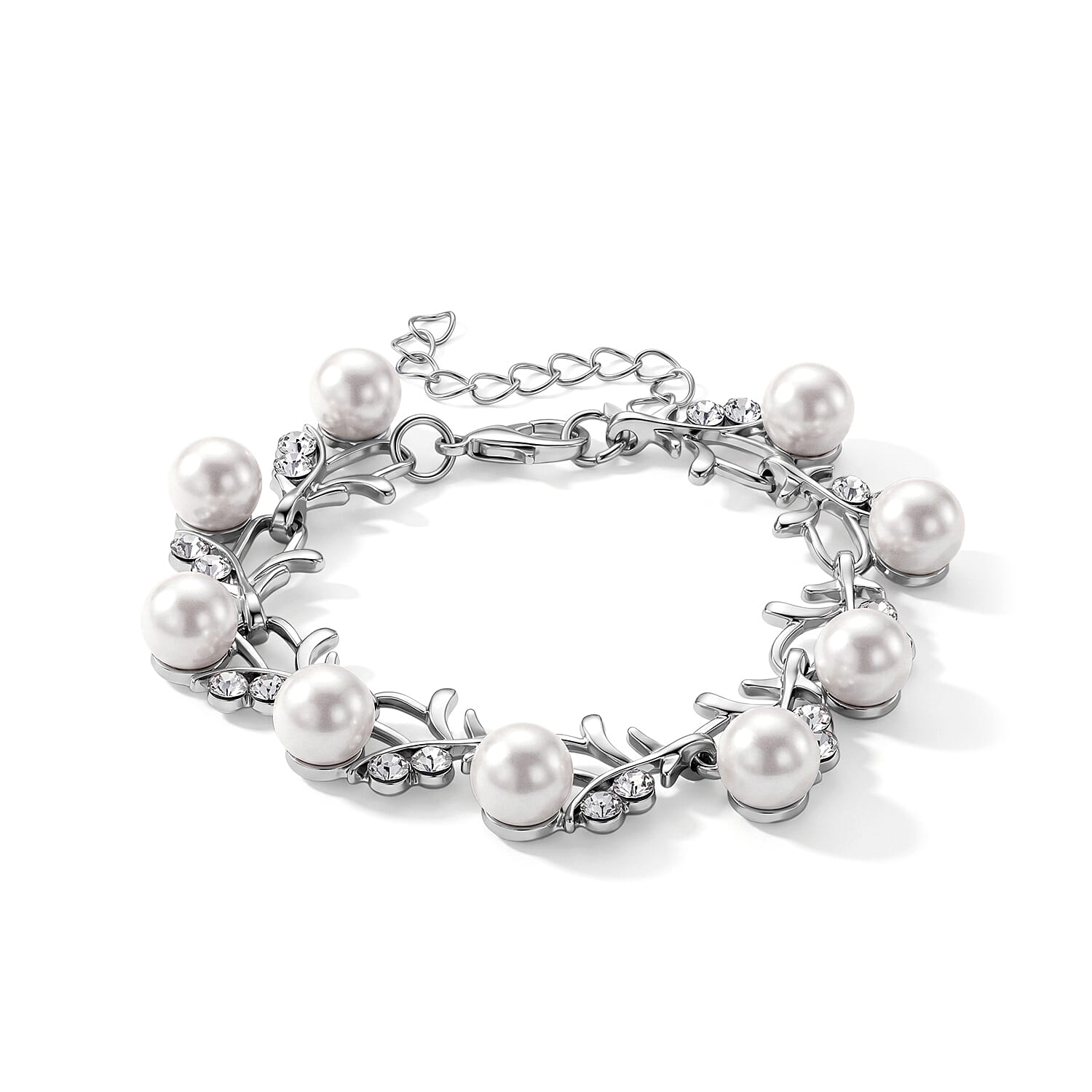 White Shell Pearl and Austrian Crystal Beaded Bracelet (6.5-8.0In) and Earrings in Silvertone