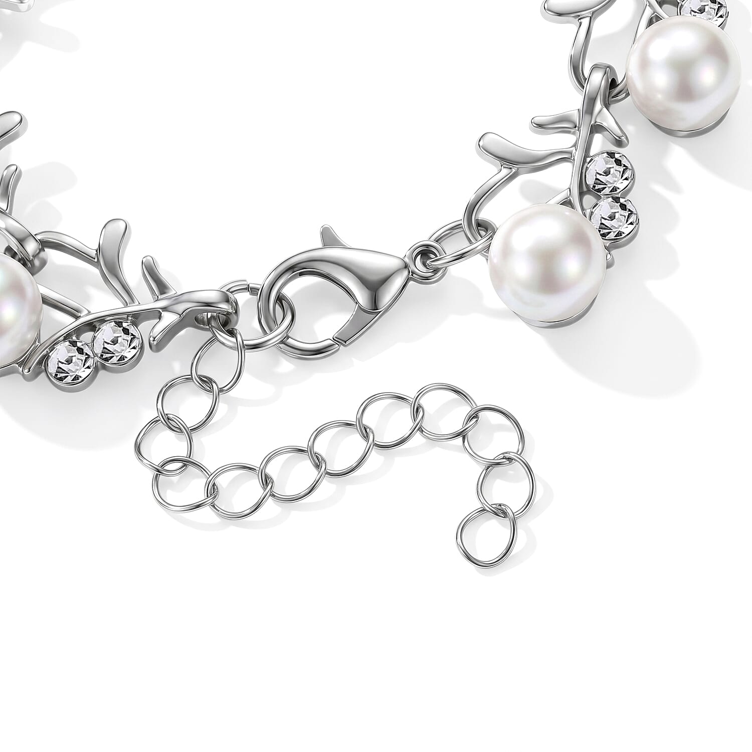 White Shell Pearl and Austrian Crystal Beaded Bracelet (6.5-8.0In) and Earrings in Silvertone