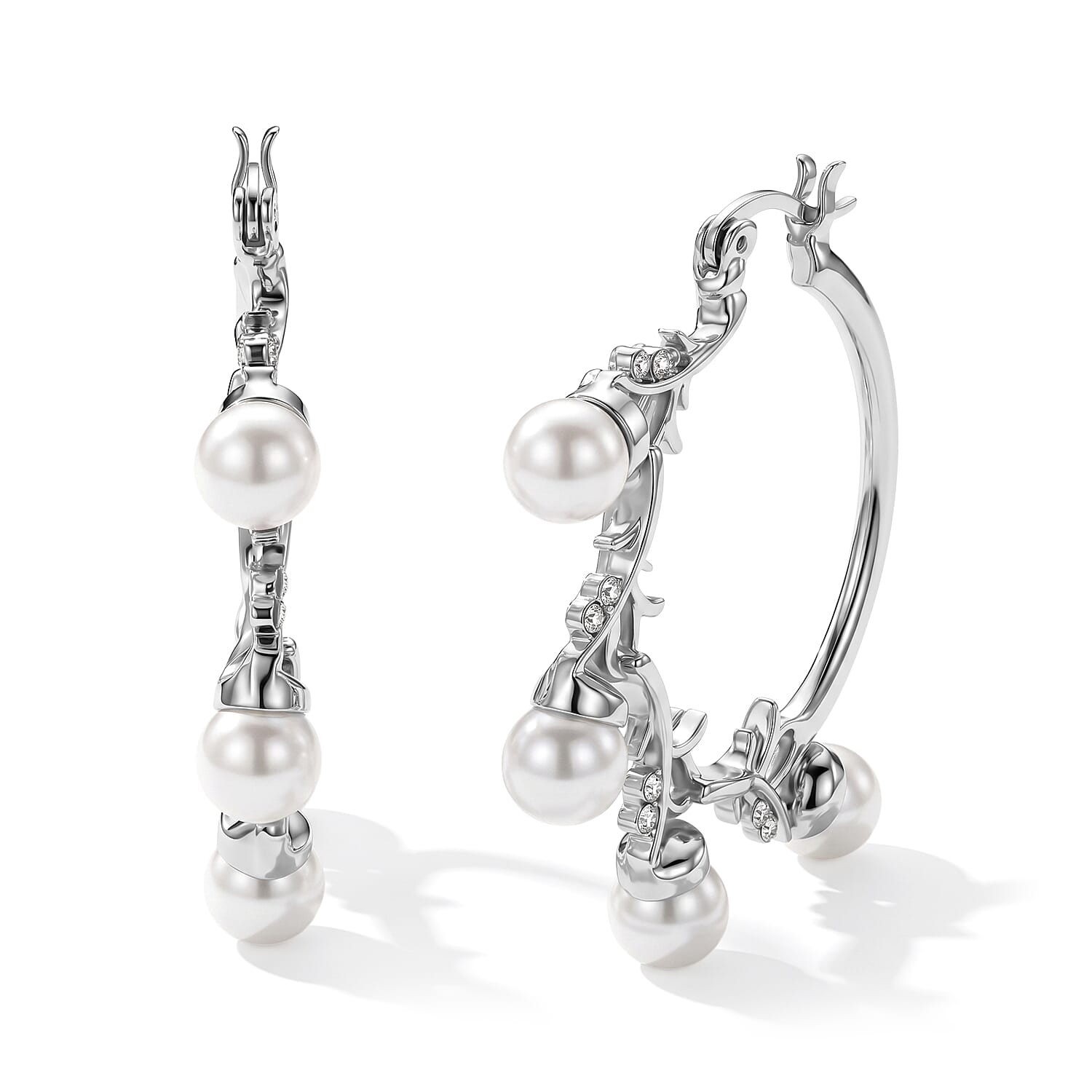 White Shell Pearl and Austrian Crystal Beaded Bracelet (6.5-8.0In) and Earrings in Silvertone