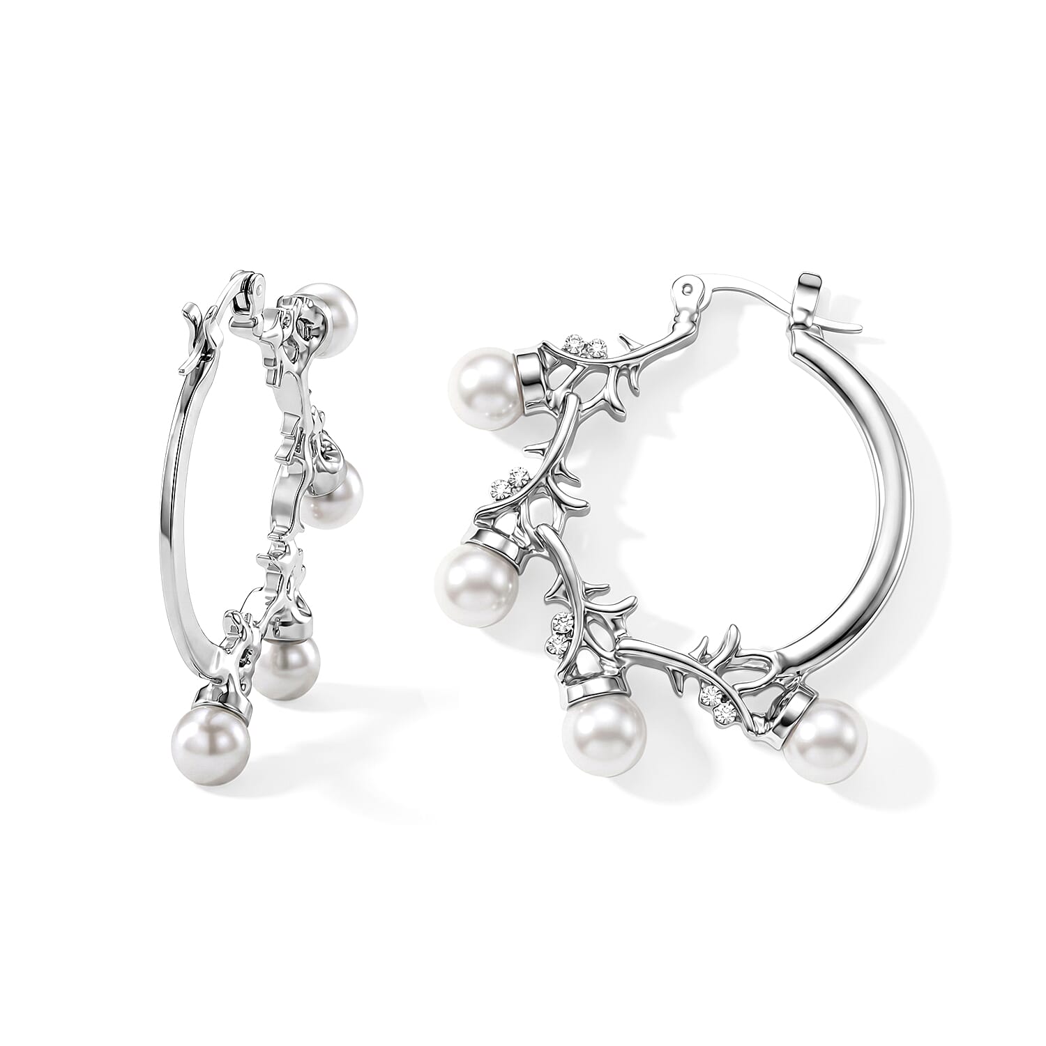 White Shell Pearl and Austrian Crystal Beaded Bracelet (6.5-8.0In) and Earrings in Silvertone