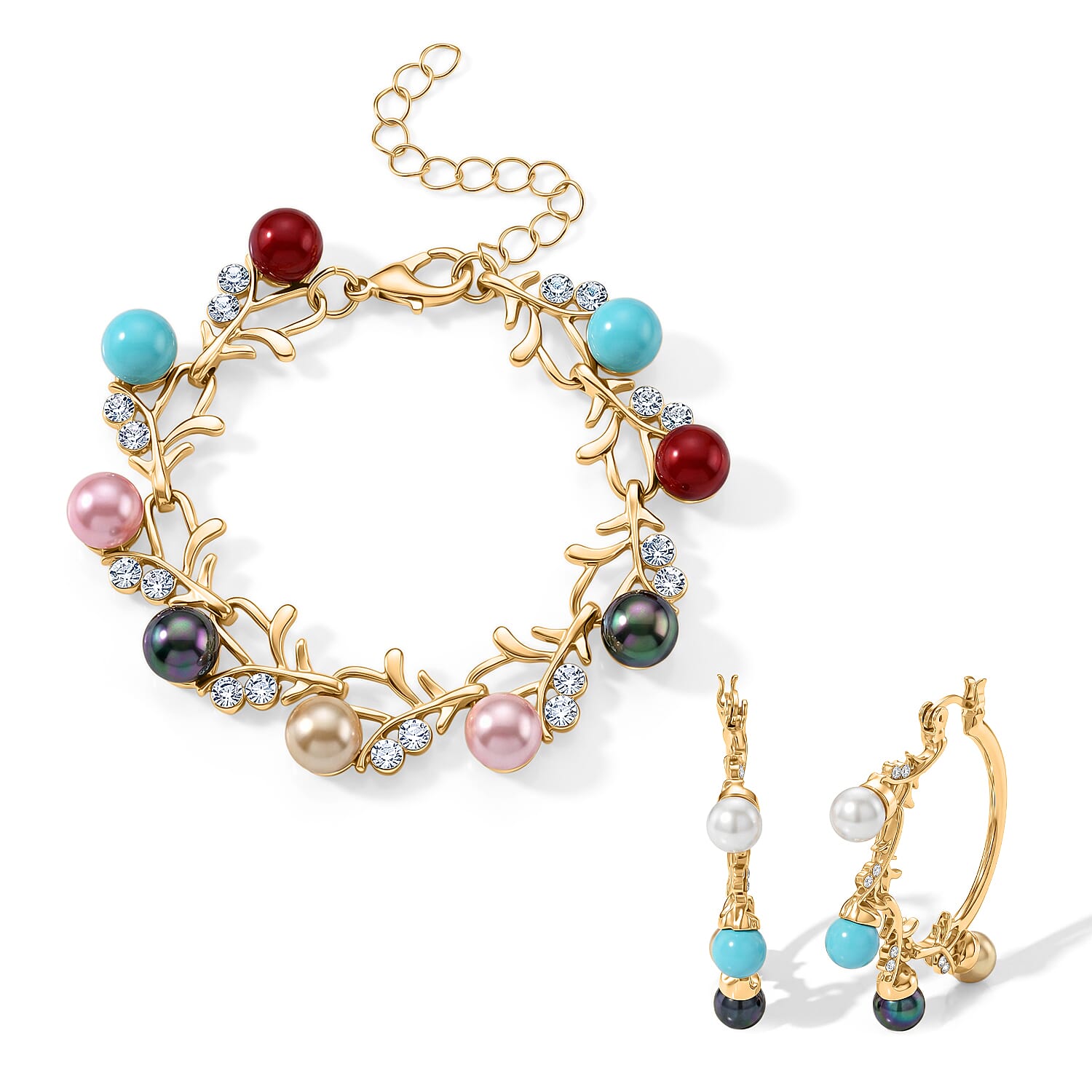 Multi Color Shell Pearl and Austrian Crystal Beaded Bracelet (6.5-8.0In) and Earrings in Goldtone and Silvertone