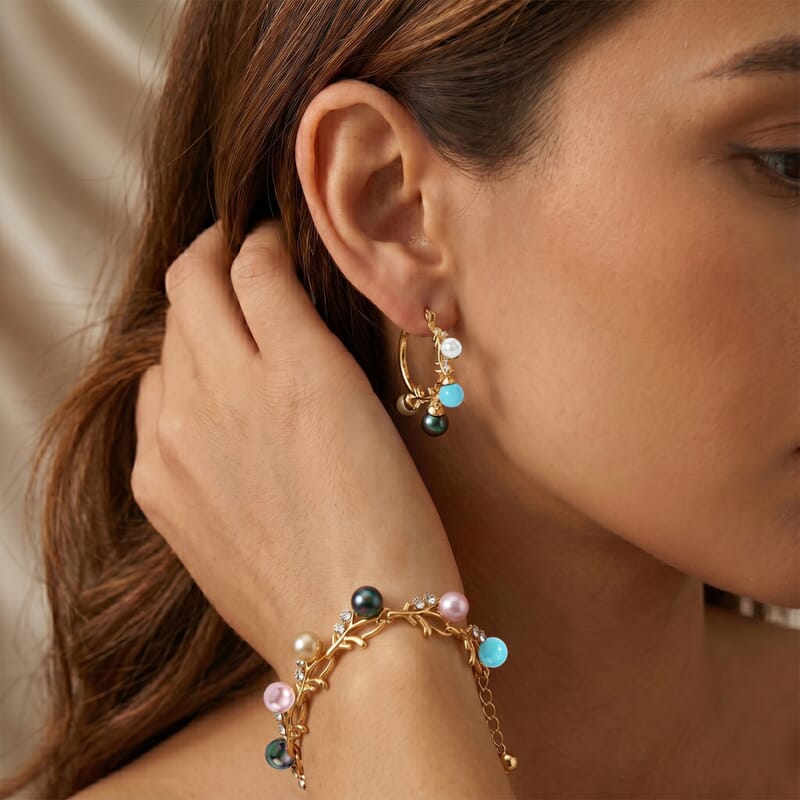 Multi Color Shell Pearl and Austrian Crystal Beaded Bracelet (6.5-8.0In) and Earrings in Goldtone and Silvertone