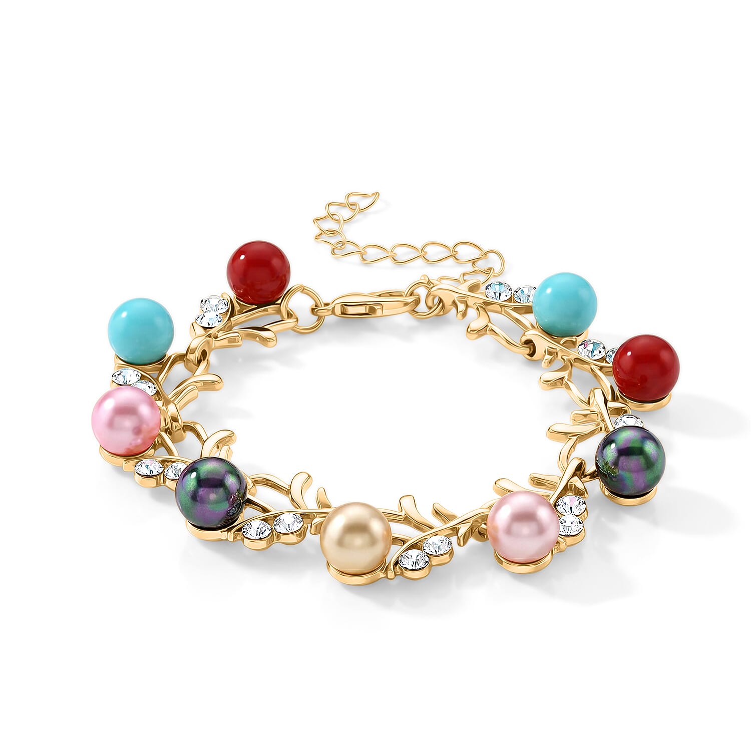 Multi Color Shell Pearl and Austrian Crystal Beaded Bracelet (6.5-8.0In) and Earrings in Goldtone and Silvertone