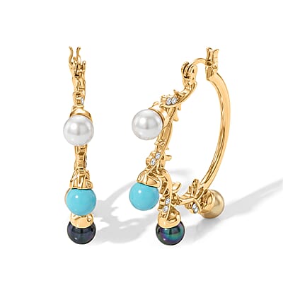 Multi Color Shell Pearl and Austrian Crystal Beaded Bracelet (6.5-8.0In) and Earrings in Goldtone and Silvertone