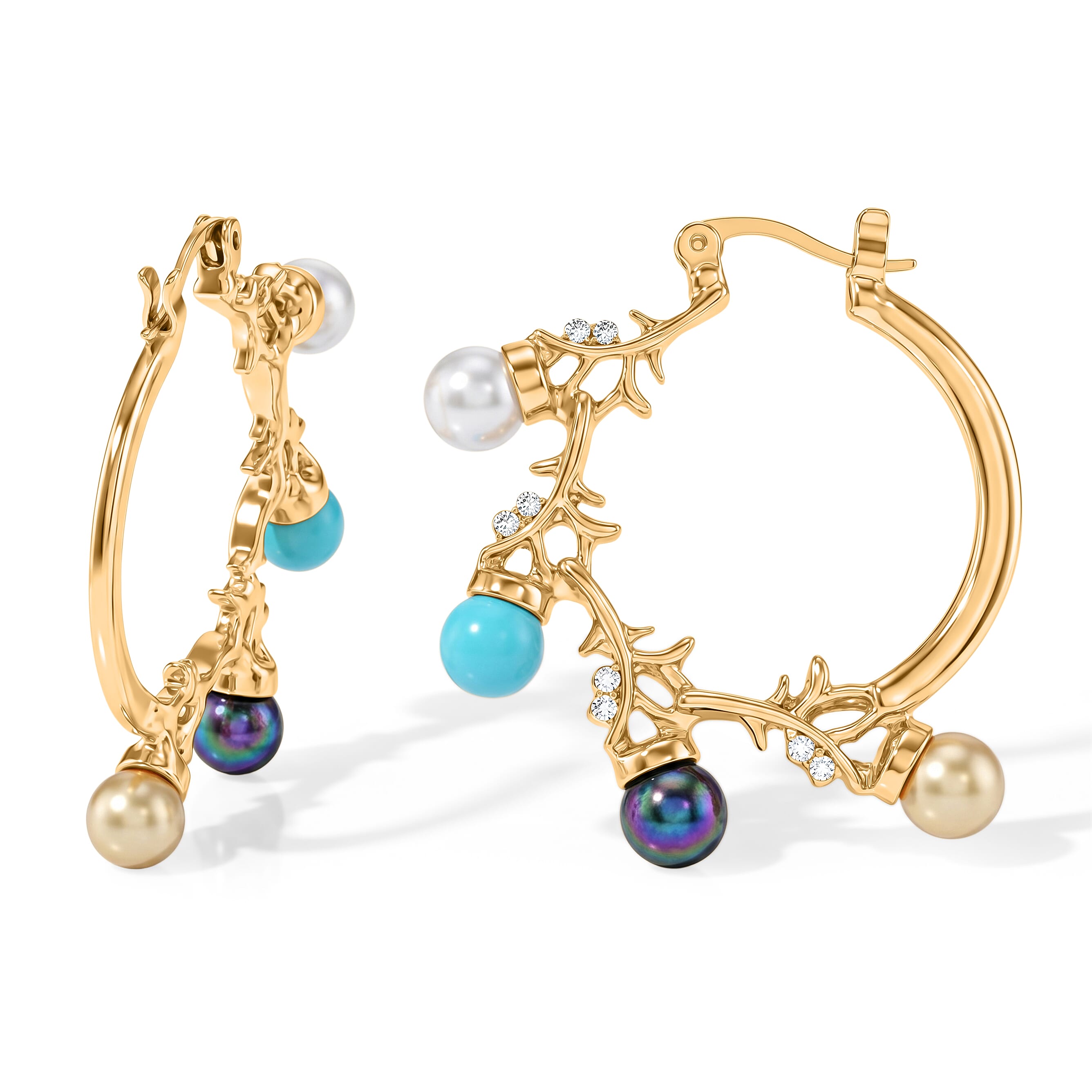 Multi Color Shell Pearl and Austrian Crystal Beaded Bracelet (6.5-8.0In) and Earrings in Goldtone and Silvertone
