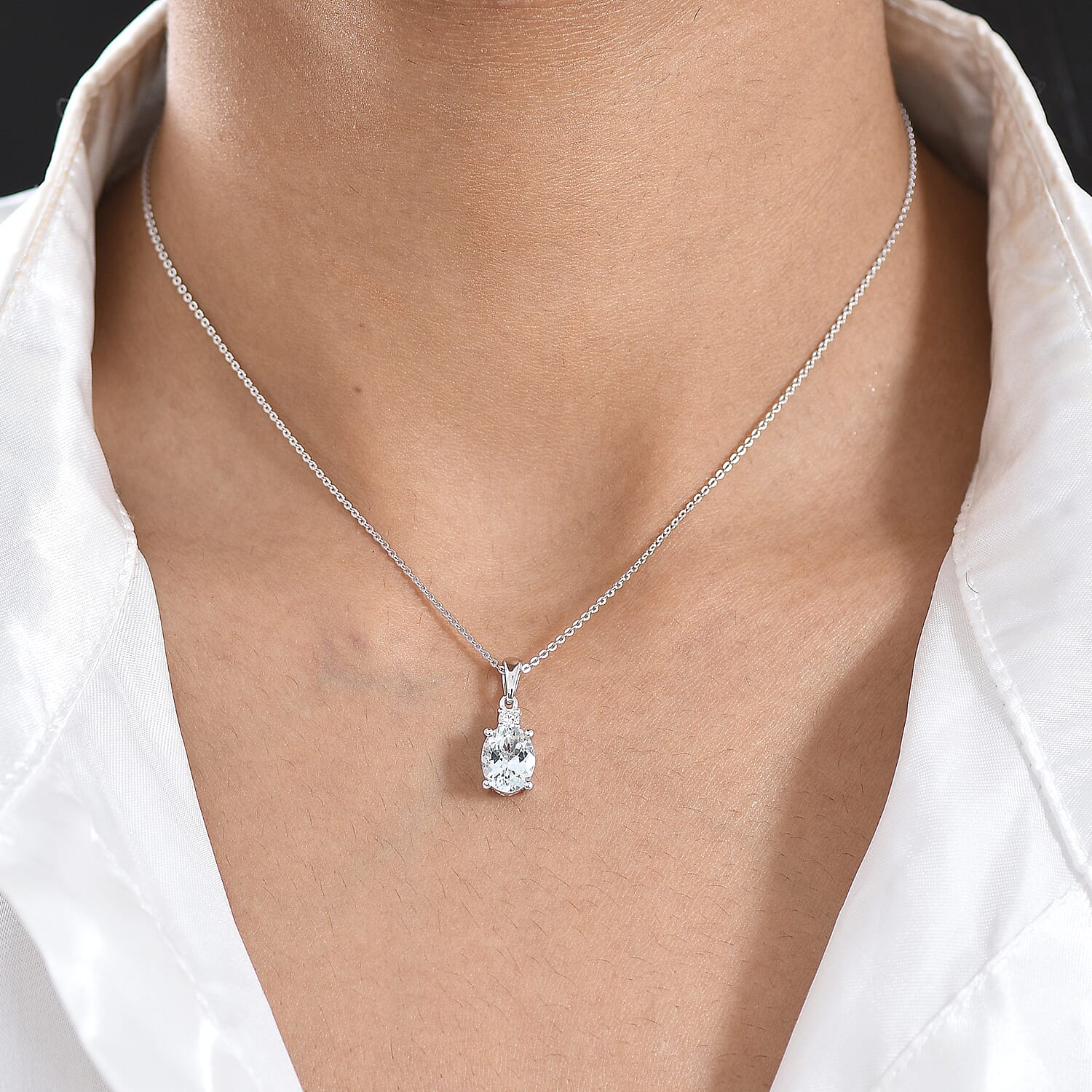 Premium Mangoro Aquamarine and Lab Grown Diamond G-H SI 1.70 ctw Serenity Drop Pendant Necklace in Rhodium Over Sterling Silver 20 Inches