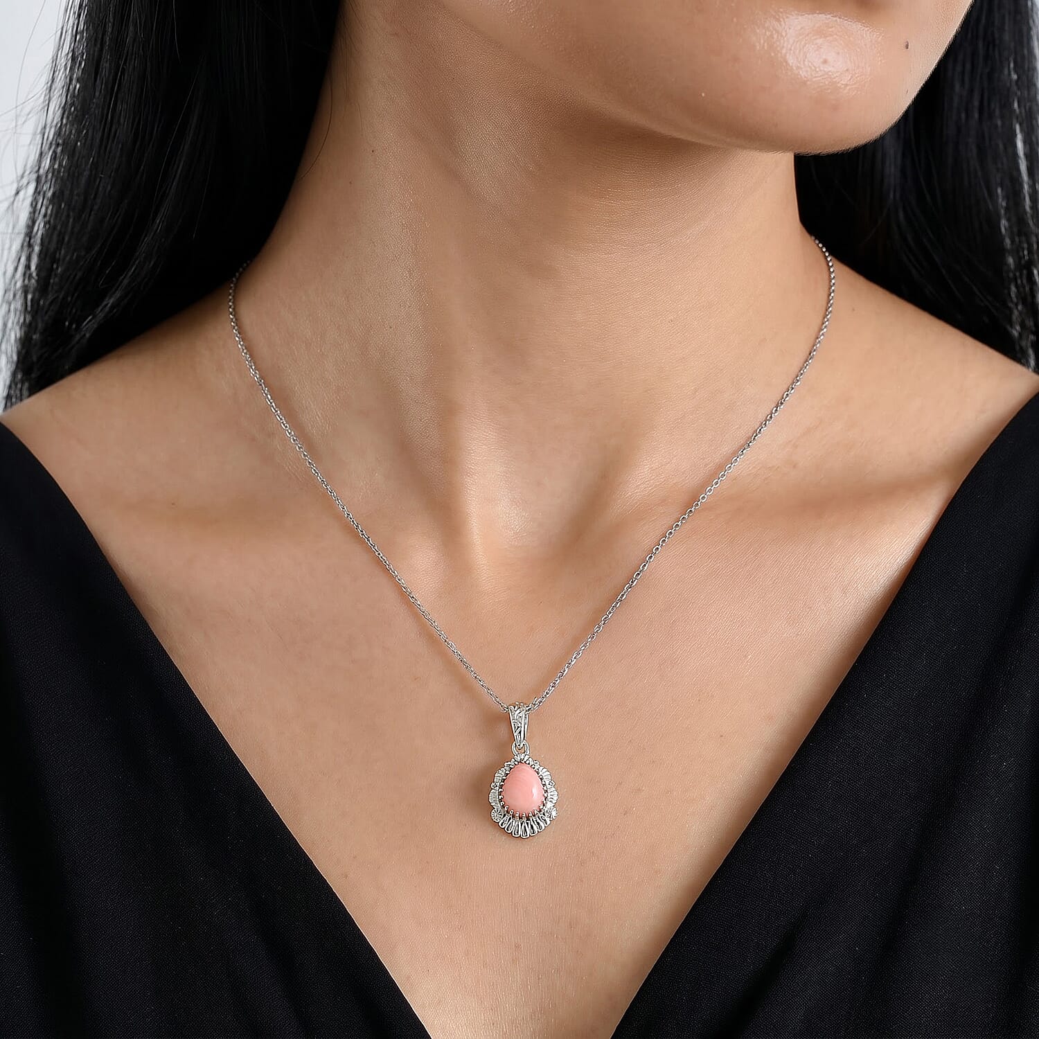 EverTrue Peach Opal 1.35 ctw Pendant in Platinum Bond with Stainless Steel Necklace 20 Inches