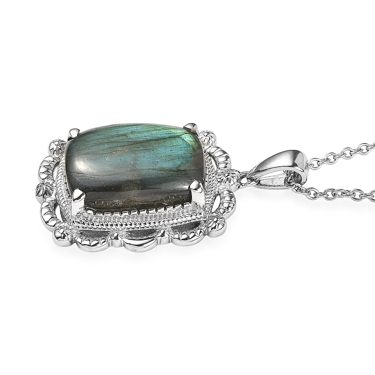 EverTrue Malagasy Labradorite 13.20 ctw Pendant Necklace in Stainless Steel 20 Inches