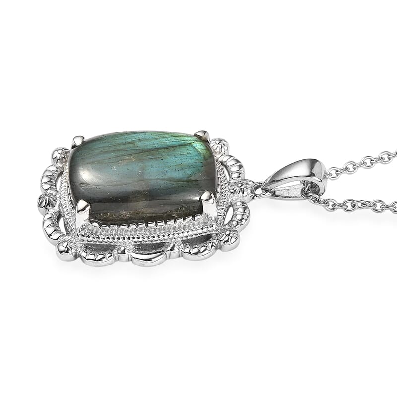 EverTrue Malagasy Labradorite 13.20 ctw Pendant Necklace in Stainless Steel 20 Inches