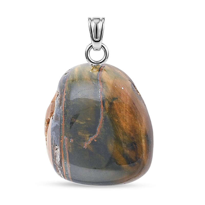 Tumbled Tiger's Eye 42.00 ctw Pendant in Silvertone with Stainless Steel Necklace 20 Inches