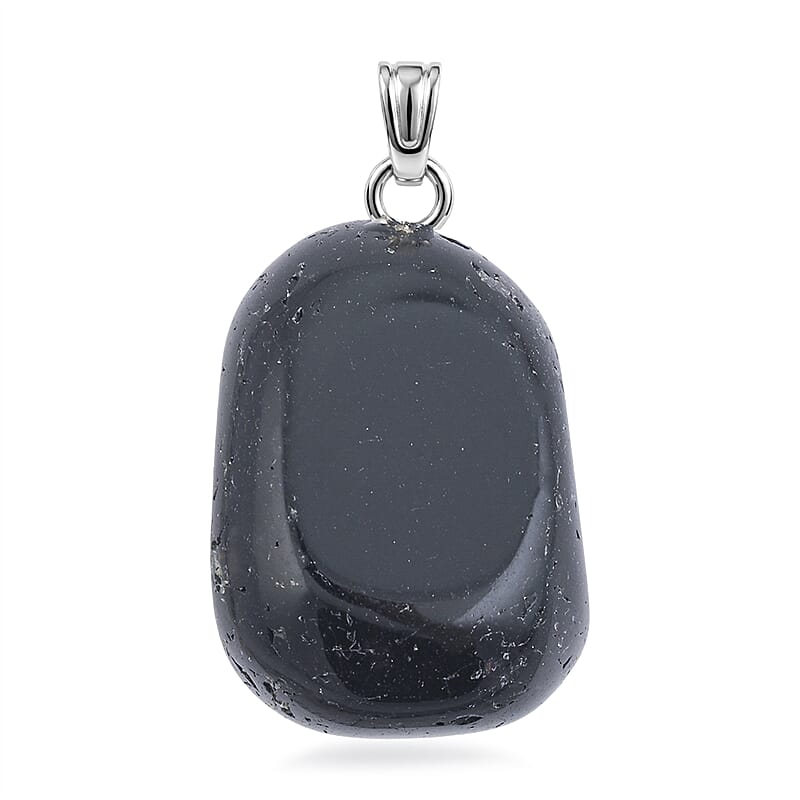Tumbled Black Obsidian 42.00 ctw Pendant in Silvertone with Stainless Steel Necklace 20 Inches