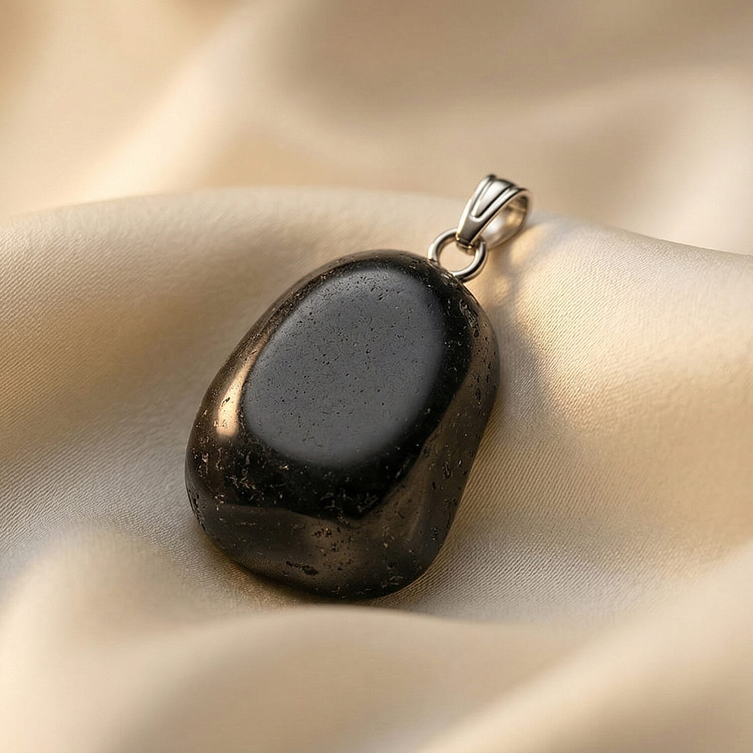 Tumbled Black Obsidian 42.00 ctw Pendant in Silvertone with Stainless Steel Necklace 20 Inches