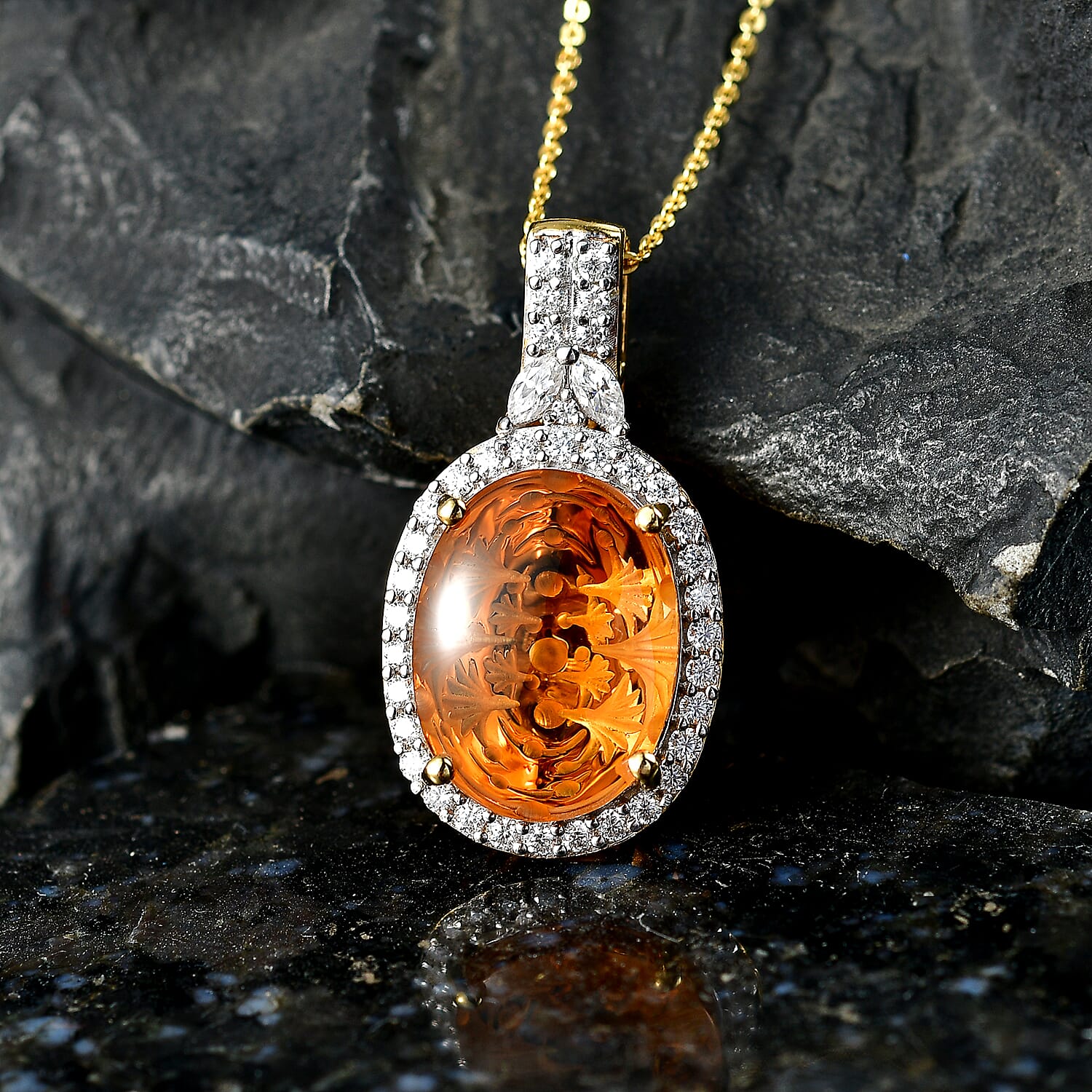 Certified & Appraised D'Joy Premium Brazilian Citrine and Moissanite 9.60 ctw Pendant Necklace in 18K Vermeil Yellow Gold Over Sterling Silver (20 Inches)