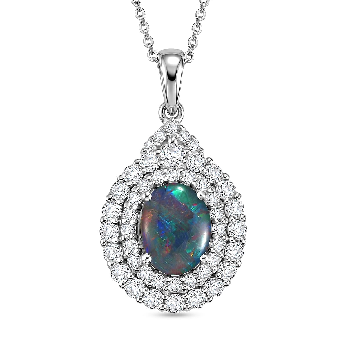 Certified & Appraised D'Joy Premium Australian Opal Triplet and Moissanite 2.25 ctw Pendant Necklace in Rhodium Over Sterling Silver (20 Inches)