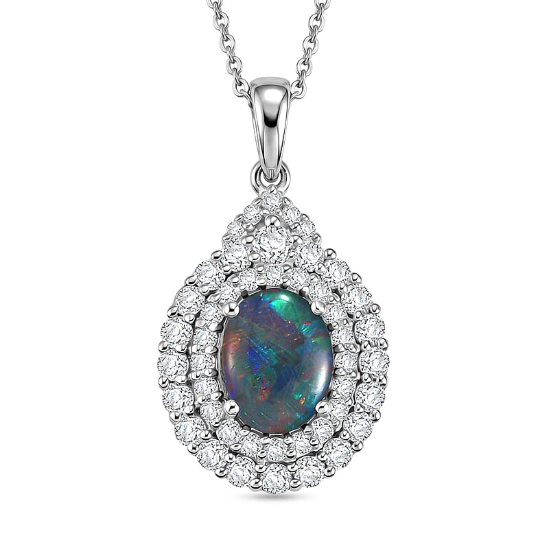 Certified & Appraised D'Joy Premium Australian Opal Triplet and Moissanite 2.25 ctw Pendant Necklace in Rhodium Over Sterling Silver (20 Inches)