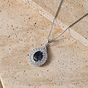Certified & Appraised D'Joy Premium Australian Opal Triplet and Moissanite 2.25 ctw Pendant Necklace in Rhodium Over Sterling Silver (20 Inches)