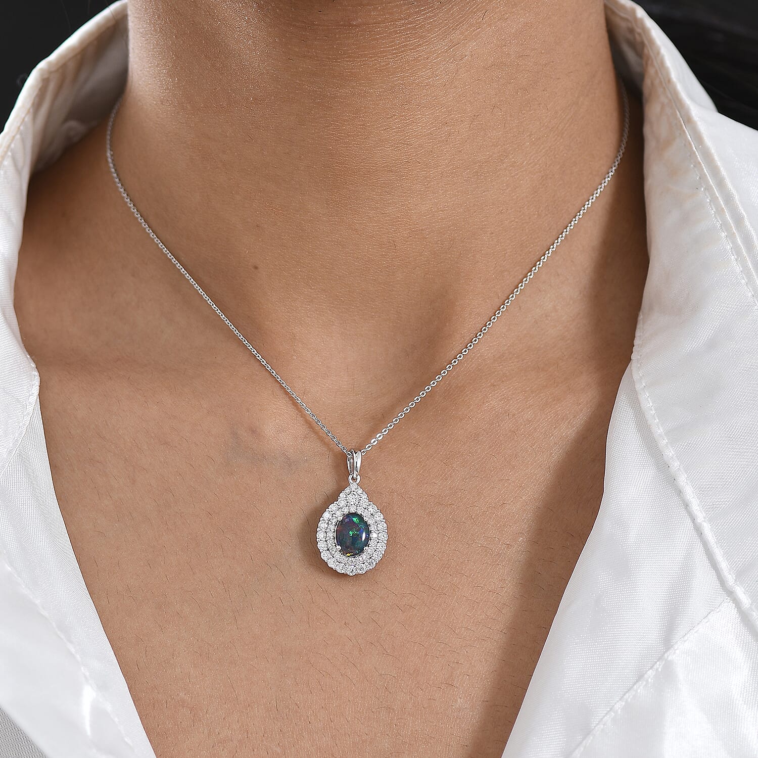 Certified & Appraised D'Joy Premium Australian Opal Triplet and Moissanite 2.25 ctw Pendant Necklace in Rhodium Over Sterling Silver (20 Inches)