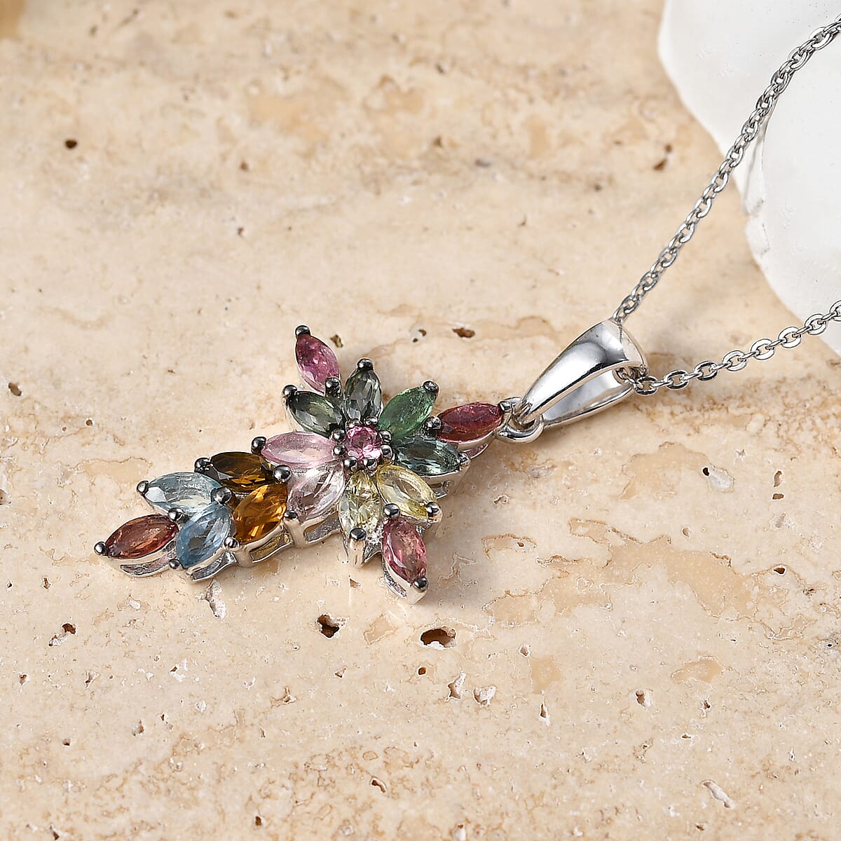 D'Joy Multi-Tourmaline 1.35 ctw Color Blossom Cross Pendant Necklace in Rhodium Over Sterling Silver 20 Inches image number 1