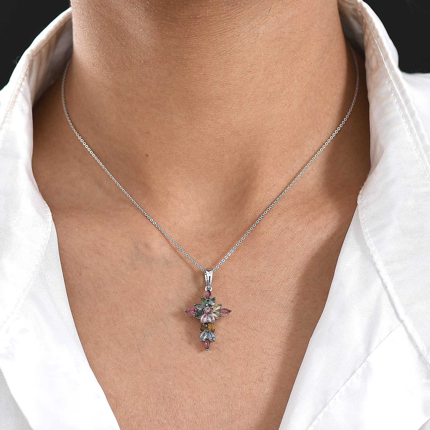 D'Joy Multi-Tourmaline 1.35 ctw Color Blossom Cross Pendant Necklace in Rhodium Over Sterling Silver 20 Inches