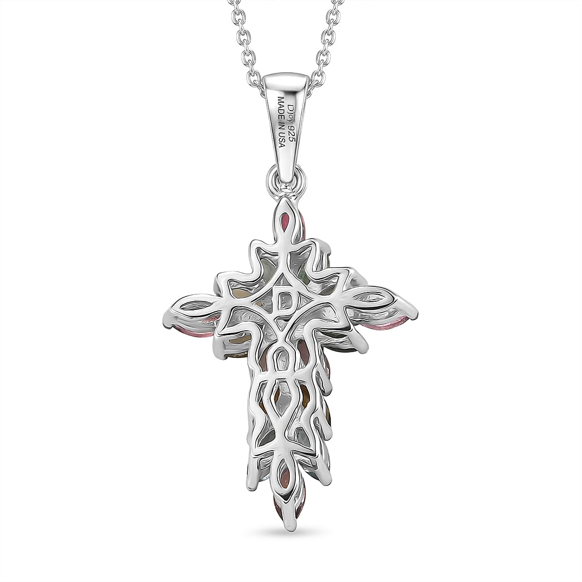 D'Joy Multi-Tourmaline 1.35 ctw Color Blossom Cross Pendant Necklace in Rhodium Over Sterling Silver 20 Inches