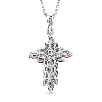 D'Joy Multi-Tourmaline 1.35 ctw Color Blossom Cross Pendant Necklace in Rhodium Over Sterling Silver 20 Inches