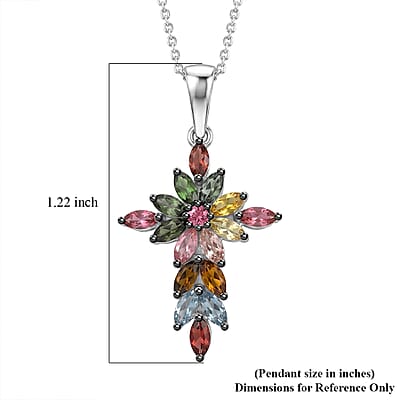 D'Joy Multi-Tourmaline 1.35 ctw Color Blossom Cross Pendant Necklace in Rhodium Over Sterling Silver 20 Inches