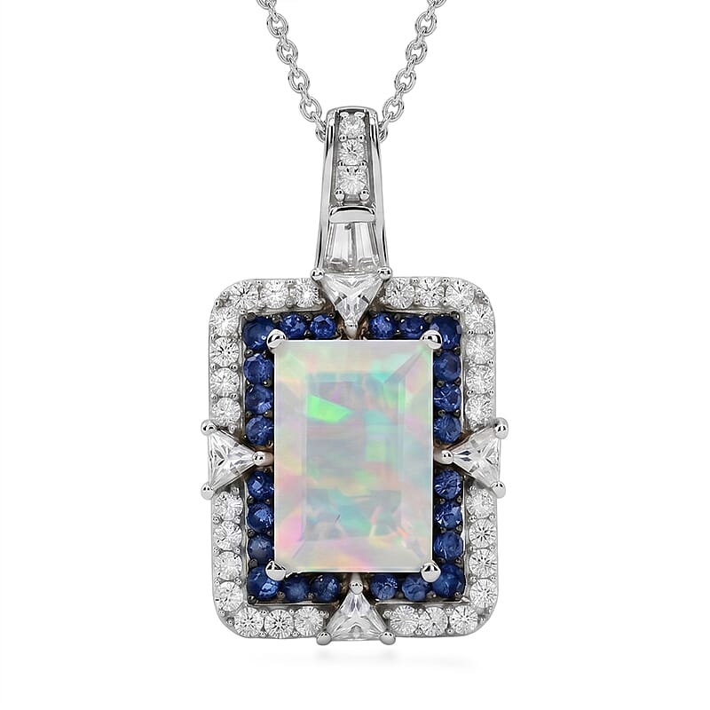 D'Joy Premium Ethiopian Welo Opal and Multi Gemstone 4.10 ctw Victorian Era Pendant Necklace in Rhodium Over Sterling Silver 20 Inches