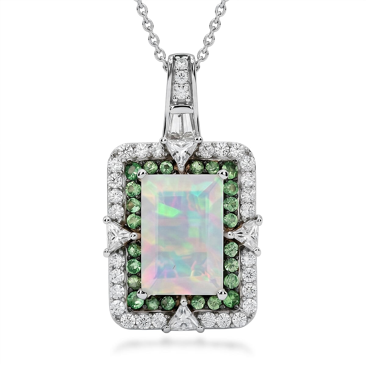 D'Joy Premium Ethiopian Welo Opal and Multi Gemstone 4.10 ctw Victorian Era Pendant Necklace in Rhodium Over Sterling Silver 20 Inches